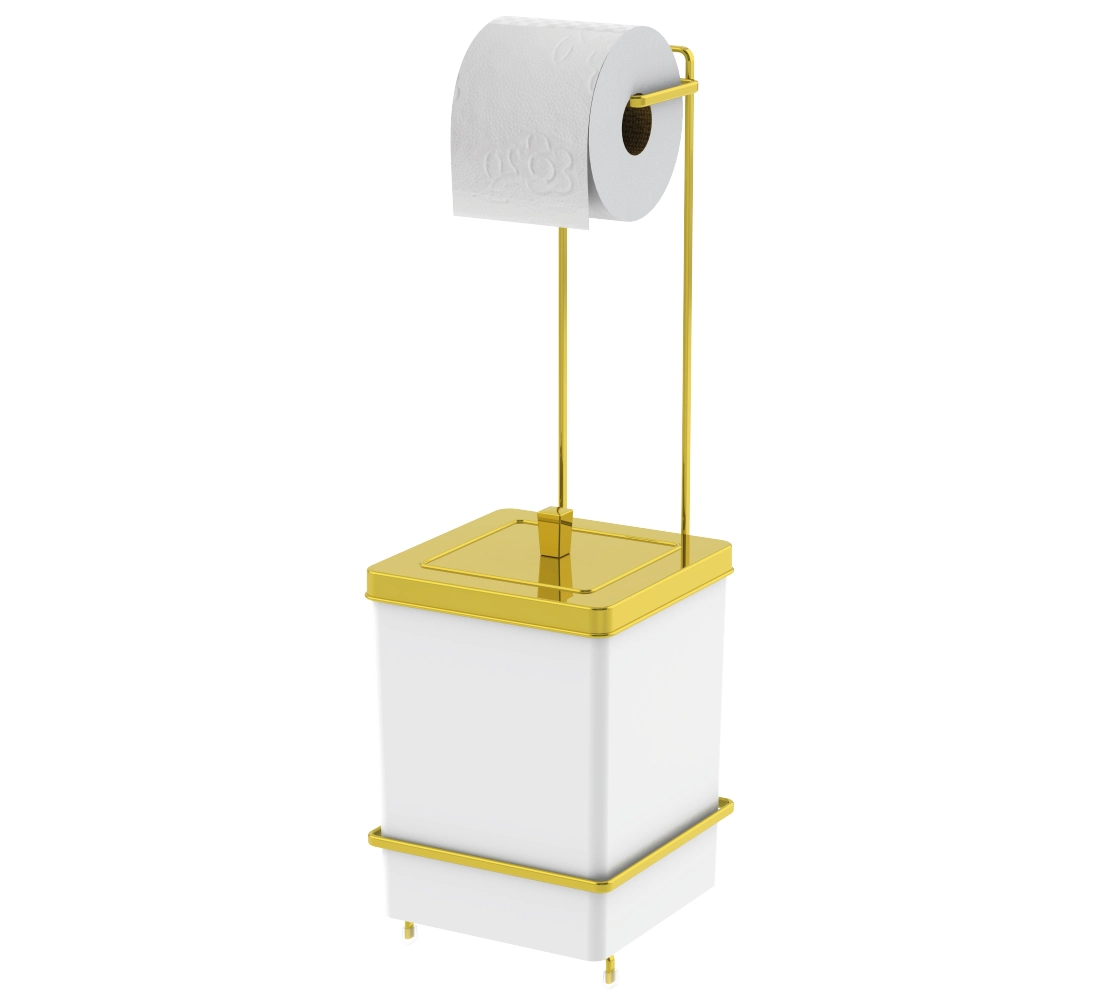 Lixeira Quadrada 6,5 Litros e Suporte para Papel Higiênico - Dourado/Branco