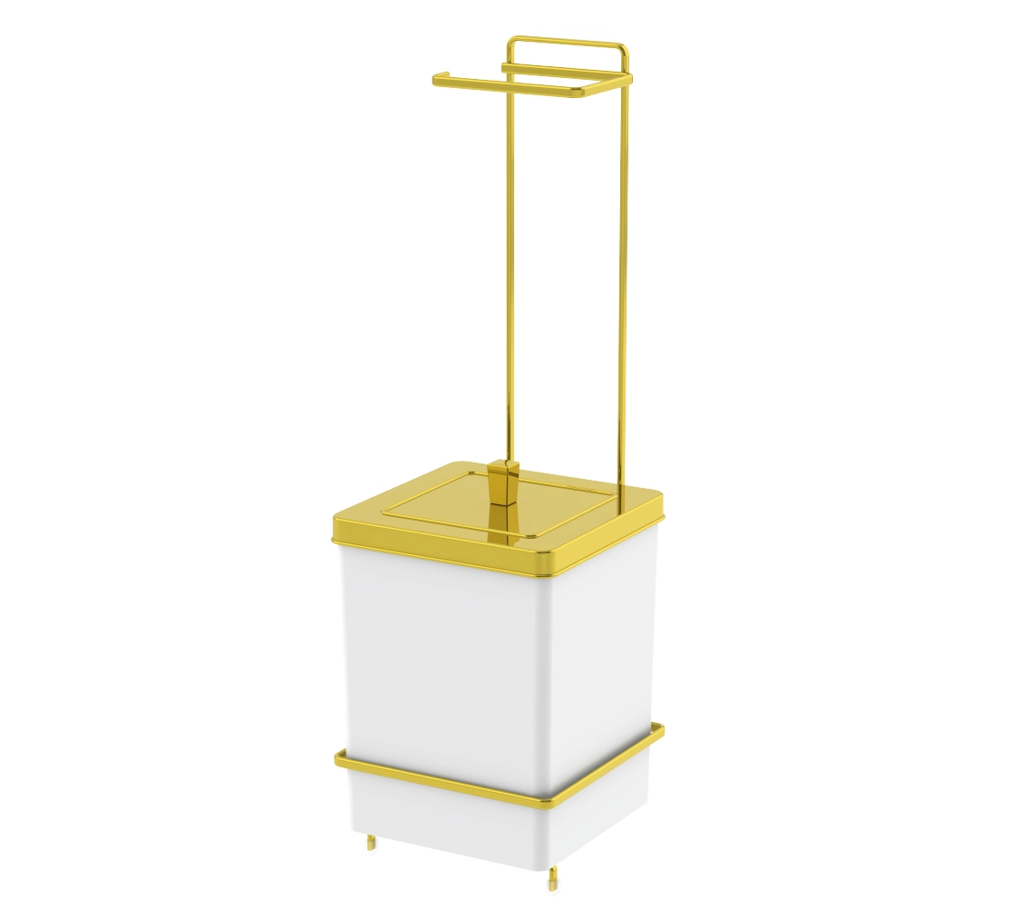 Lixeira Quadrada 6,5 Litros e Suporte para Papel Higiênico - Dourado/Branco