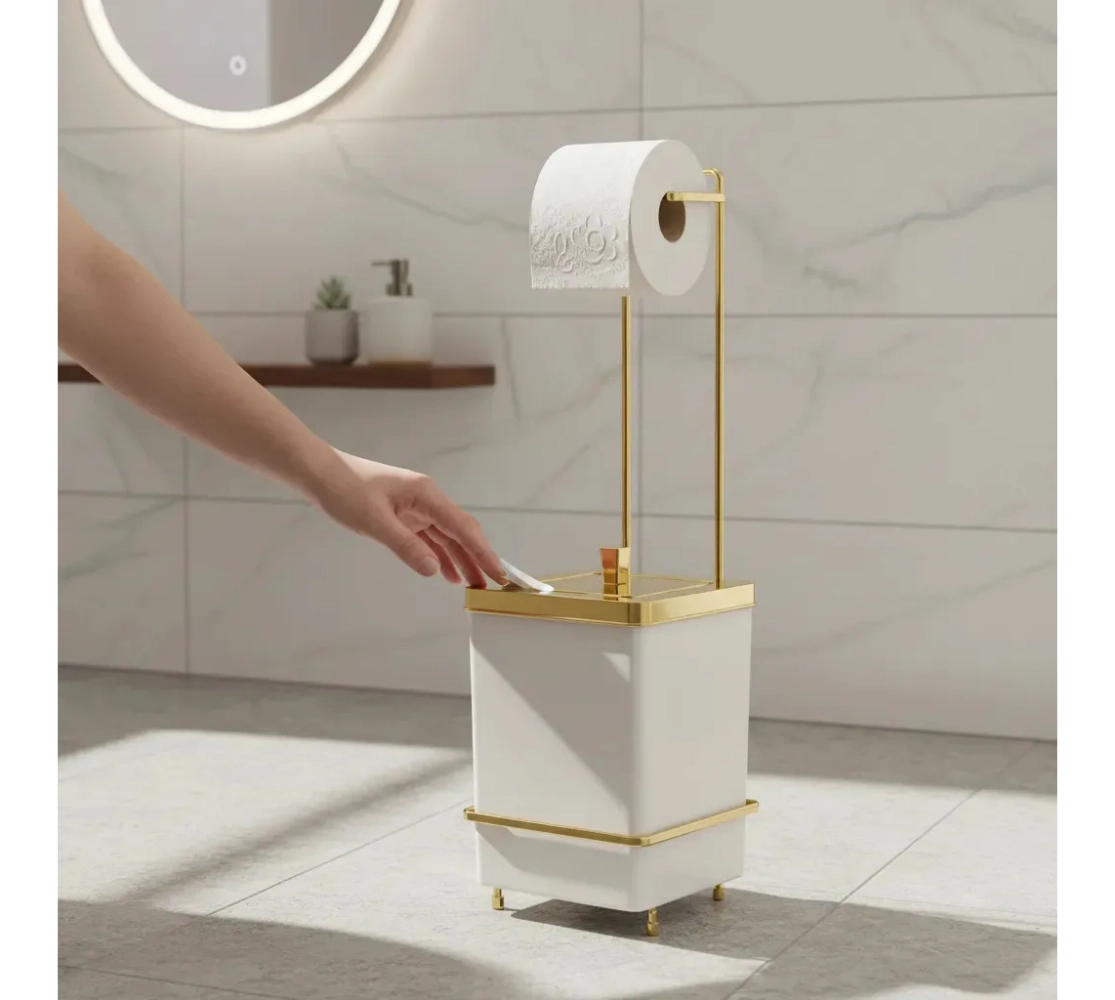 Lixeira Quadrada 6,5 Litros e Suporte para Papel Higiênico - Dourado/Branco