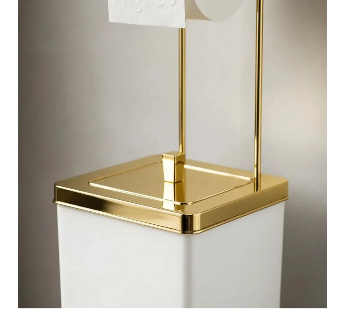 Lixeira Quadrada 6,5 Litros e Suporte para Papel Higiênico - Dourado/Branco