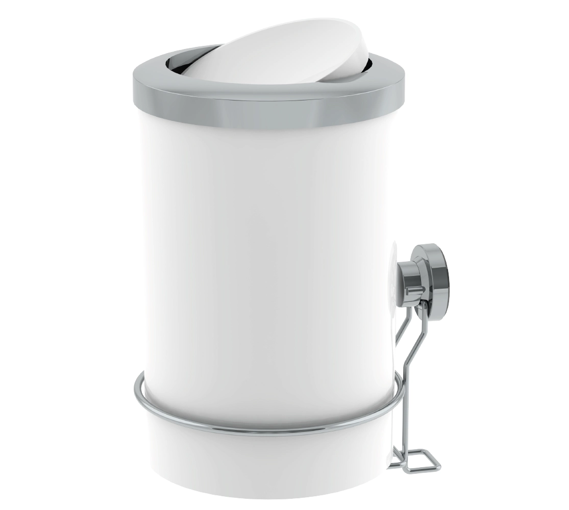 Lixeira Redonda 8 Litros Basculante com Suporte com Ventosa - Branco/Cromado