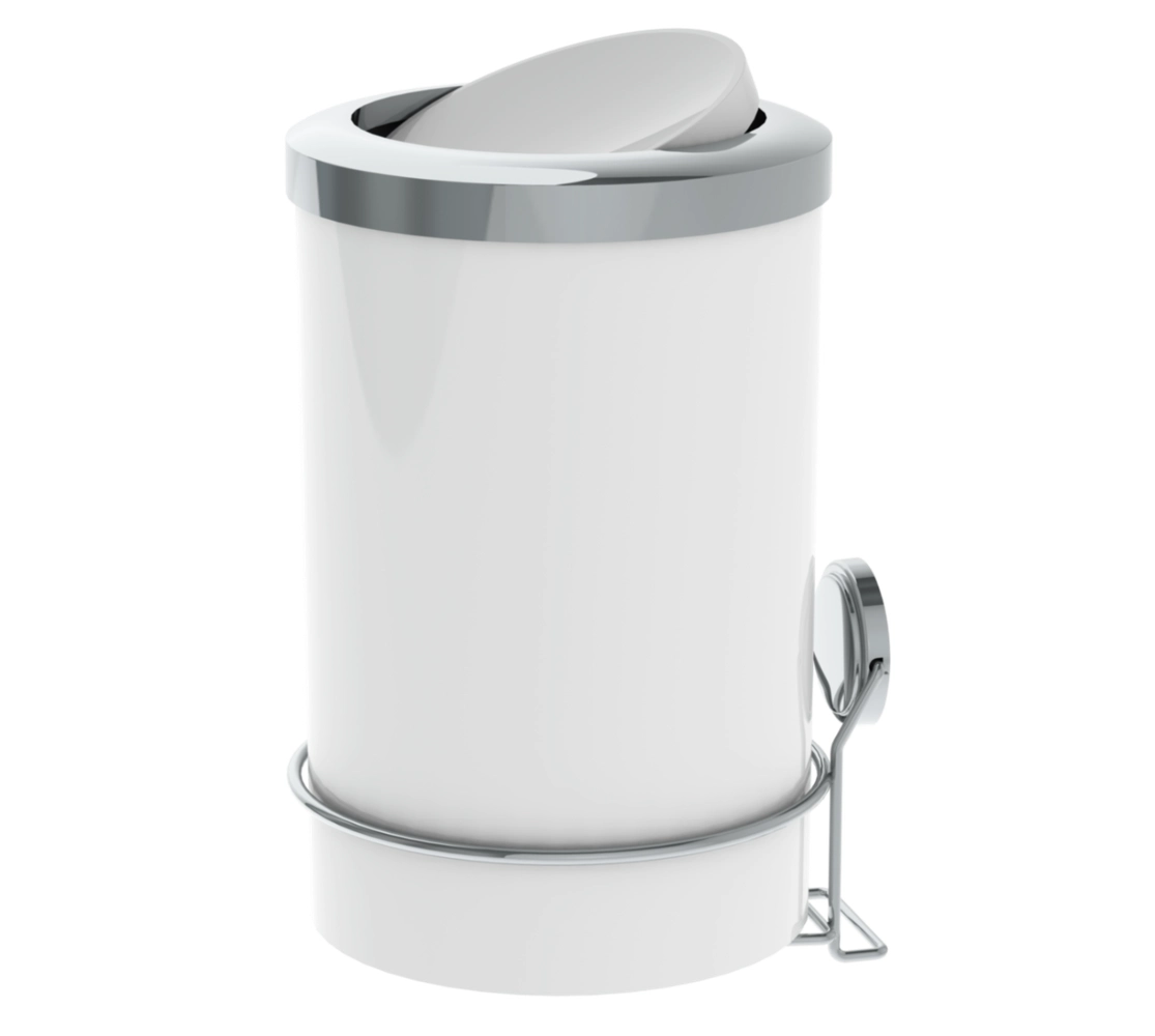 Lixeira Redonda Basculante 8 Litros com Suporte -Adesivo 3M - Branco/Cromado