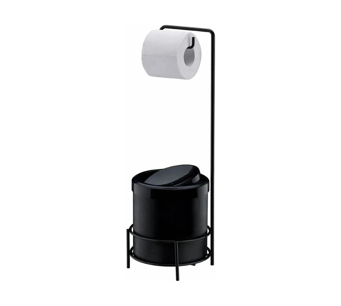 Suporte para Papel Higiênico com Lixeira Preta 5 Litros