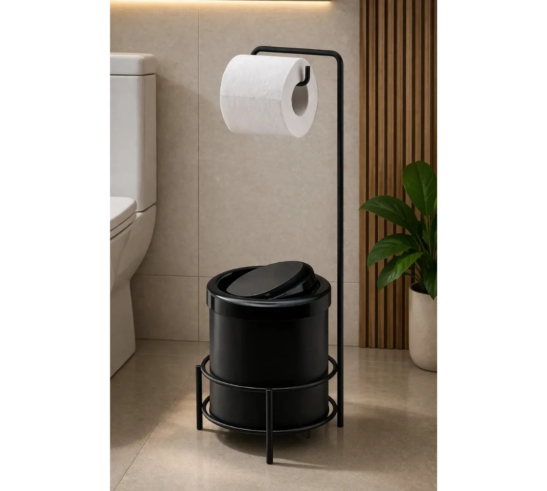 Suporte para Papel Higiênico com Lixeira Preta 5 Litros
