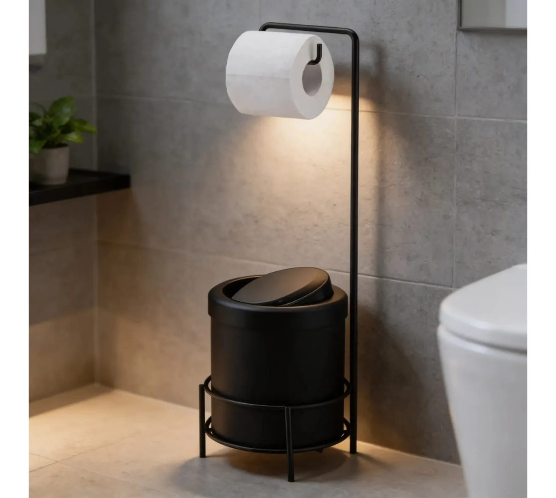 Suporte para Papel Higiênico com Lixeira Preta 5 Litros